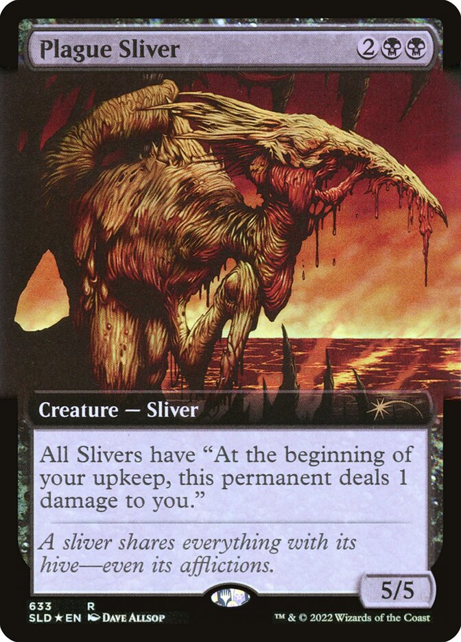 The Plague Sliver (Extended Art) (Step-and-Compleat Foil) from the Secret Lair Drop Promos by Magic: The Gathering showcases a rare, grotesque Sliver with sharp claws and a hunched back. It is depicted standing on a rock against a crimson sky and sun. The card's text details its gameplay abilities and effects, boasting impressive stats of 5/5.