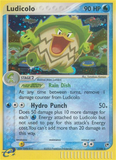 This Pokémon Holo Rare Ludicolo trading card, from the EX: Sandstorm set, features 90 HP and highlights the abilities 