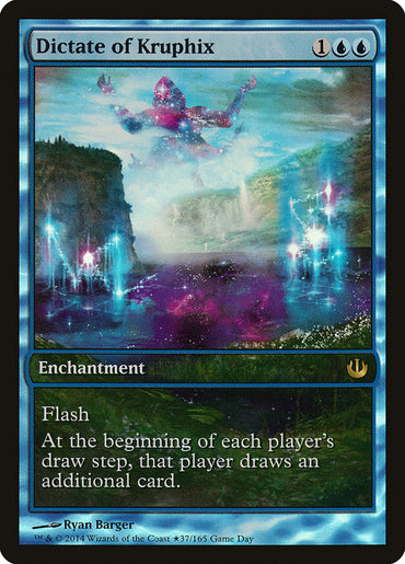 The Magic: The Gathering card "Dictate of Kruphix (Game Day) [Journey into Nyx Promos]" showcases captivating, rare artwork depicting a radiant figure in the sky with shimmering energy illuminating a tranquil scene. This enchantment includes a flash ability that enables players to draw an extra card.