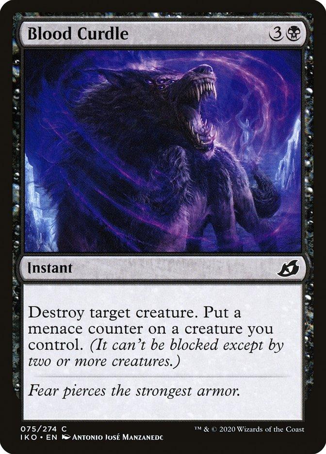 The image is of a Magic: The Gathering card named Blood Curdle [Ikoria: Lair of Behemoths] from the brand Magic: The Gathering. This instant spell, costing 3 colorless and 1 black mana, allows you to destroy a target creature and give one you control a menace counter. The art depicts a menacing beast with swirling purple magic. Text reads, 