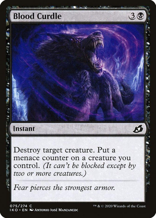 The image is of a Magic: The Gathering card named Blood Curdle [Ikoria: Lair of Behemoths] from the brand Magic: The Gathering. This instant spell, costing 3 colorless and 1 black mana, allows you to destroy a target creature and give one you control a menace counter. The art depicts a menacing beast with swirling purple magic. Text reads, "Fear pierces