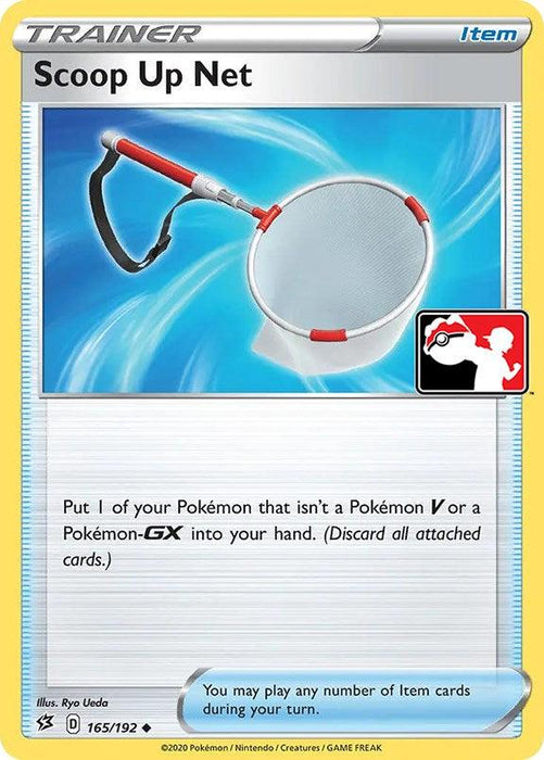 The image shows a Pokémon Trainer Item card titled "Scoop Up Net (165/192) [Prize Pack Series One]" from Pokémon. The artwork features a net with a red handle against a blue and white background. This uncommon item instructs the player to put one of their Pokémon that isn't a Pokémon V or Pokémon-GX into their hand, discarding all attached cards.