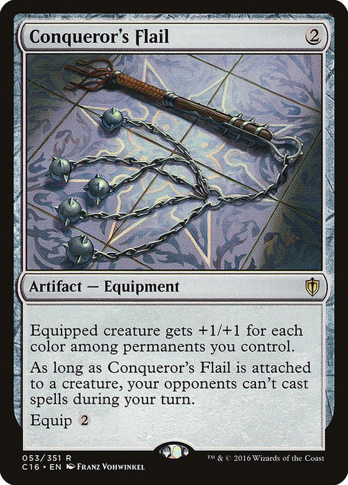 A Magic: The Gathering card from Commander 2016, "Conqueror's Flail [Commander 2016]," depicts a flail with a wooden handle and metal spikes on a chain, lying on a tiled floor. This Artifact Equipment has a casting cost of 2 colorless mana and provides buffs along with an anti-spell-casting effect.