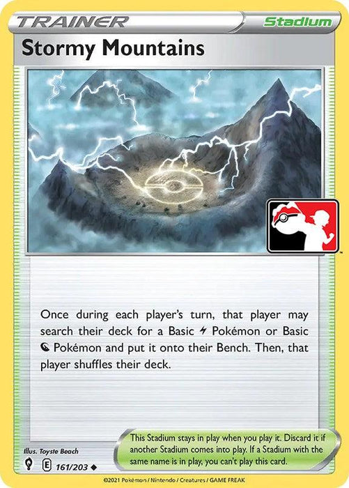 A Pokémon trading card titled "Stormy Mountains (161/203) [Prize Pack Series One]" features a mountainous landscape under a stormy sky with lightning. This Uncommon Stadium card, illustrated by Toyste Beach, has the ability to let players search their deck for a Basic Dragon or Electric Pokémon once per turn.
