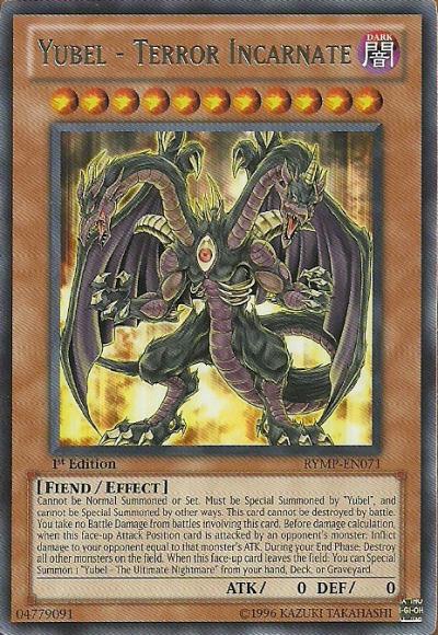 A Yubel - Terror Incarnate [RYMP-EN071] Rare Yu-Gi-Oh! trading card from the Ra Yellow Mega Pack. The card features a three-headed dragon-like fiend with multiple eyes, armored scales, and vibrant wings. This 1st Edition Effect Monster has 0 attack and defense points, with 