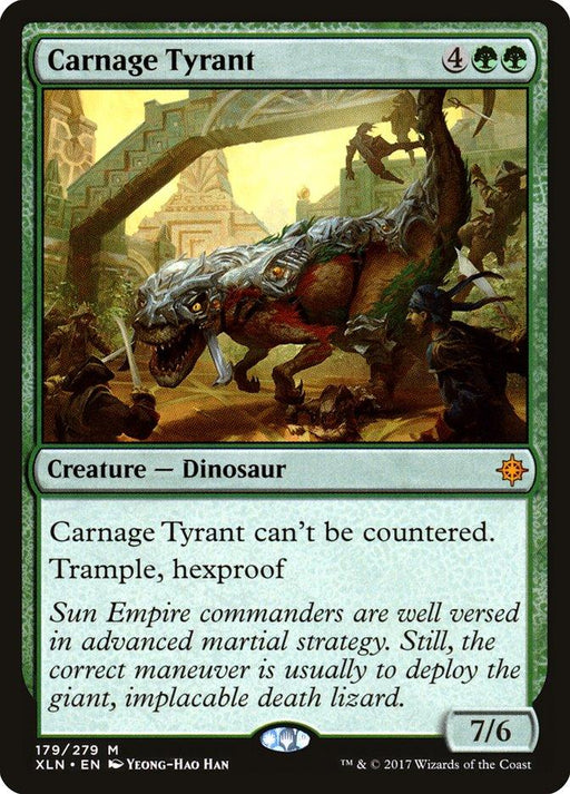 A Magic: The Gathering card named "Carnage Tyrant [Ixalan]" features green borders and depicts a massive dinosaur with spikes and armored scales attacking soldiers in a city. It costs 4 colorless and 2 green mana, boasts a power and toughness of 7/6, and has abilities: can't be countered, trample, and hexproof.