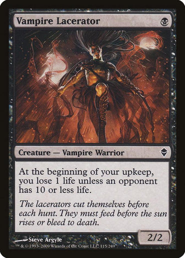 The "Vampire Lacerator" from Zendikar, a Creature card in Magic: The Gathering, features a Vampire Warrior surrounded by flames and wielding a dagger. It includes mechanics that result in life loss unless an opponent's life total is 10 or less. The flavor text describes their pre-hunt ritual of self-inflicted wounds. This card has a power/toughness rating of 2/2.