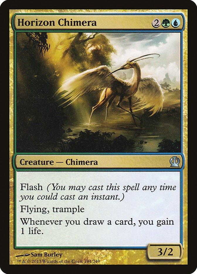 The Magic: The Gathering card "Horizon Chimera [Theros]" features a chimera with a bird’s body, lion's legs, and wings soaring above a misty forest. With its green and blue border, the card reads: "Flash, Flying, Trample. Whenever you draw a card, you gain 1 life." This creature has stats of 3.