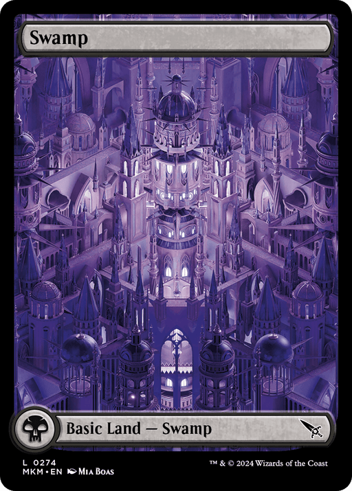 Magic: The Gathering card titled "Swamp (0274) [Murders at Karlov Manor]." The art depicts a dark, gothic cityscape with towering spires, domes, and intricate architecture washed in hues of purple. Inspired by the setting of Murders at Karlov Manor, the bottom of the card features symbols denoting it as Basic Land — Swamp.