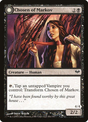 A Magic: The Gathering trading card called "Chosen of Markov // Markov's Servant [Dark Ascension]" portrays a woman with long, dark hair adjusting a red gown, creating an aura suitable for a Vampire. Adorned with red ribbons, the card includes stats such as a cost of 2 colorless and 1 black mana, is classified under type "Creature — Human," features abilities, and includes flavor text from Dark Ascension about her transformation.