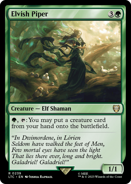 A "Magic: The Gathering" card titled "Elvish Piper [The Lord of the Rings: Tales of Middle-Earth Commander]." The card's artwork depicts an elf playing a flute in a mystical forest with green, ethereal vines and animals. This 1/1 Elf Shaman lets you put a creature from your hand onto the battlefield. The flavour text begins with “In Dwimordene, in Lórien...”