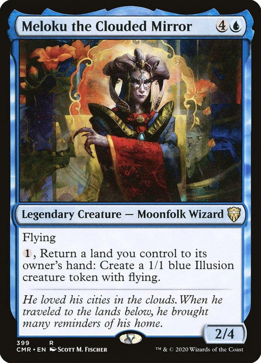Image of a Magic: The Gathering card featuring "Meloku the Clouded Mirror [Commander Legends]" from Magic: The Gathering. The card art depicts a blue-skinned Moonfolk Wizard with robes and a mystical mirror. It costs 4 colorless and 1 blue mana to cast, and is a 2/4 creature with flying. Its abilities include returning a land to create a 1/1 blue Illusion.