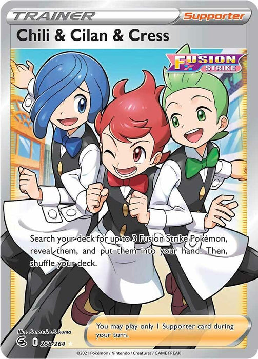 The image shows a Pokémon product called Chili & Cilan & Cress (258/264) [Sword & Shield: Fusion Strike], part of the Pokémon series. It features three characters with distinct hair colors—blue, red, and green—wearing white uniforms with black aprons and brown ties. They are smiling and giving thumbs-up gestures.