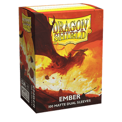 Image of a Dragon Shield: Standard 100ct Sleeves - Ember (Dual Matte) box with the "Ember" design by Arcane Tinmen. The box features artwork of a dragon breathing fire in a fiery, orange-red background. The text reads "Dragon Shield," "Ember," and "100 Matte Dual Sleeves," making it perfect for protecting your favorite TCGs. Additional logos on the side indicate their quality.