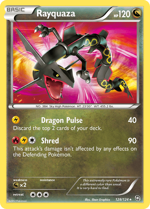 A Pokémon trading card named Rayquaza (128/124) from the Black & White: Dragons Exalted series. This Secret Rare card features a basic Dragon-type Pokémon with 120 HP. It showcases Rayquaza, a black and yellow serpentine dragon with red-tipped wings, using Dragon Pulse and Shred attacks. The card is numbered 128/124 and displays Rayquaza's weight and height.