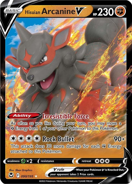 A Pokémon trading card from the Sword & Shield series features the Ultra Rare Hisuian Arcanine V (090/195) [Sword & Shield: Silver Tempest] with 230 HP. The card, part of the Silver Tempest set, has a black and orange border. Hisuian Arcanine V, depicted as a fierce gray and orange canine with flowing fur, has two moves: "Irresistible Force" and "Rock Bullet." Weakness:
