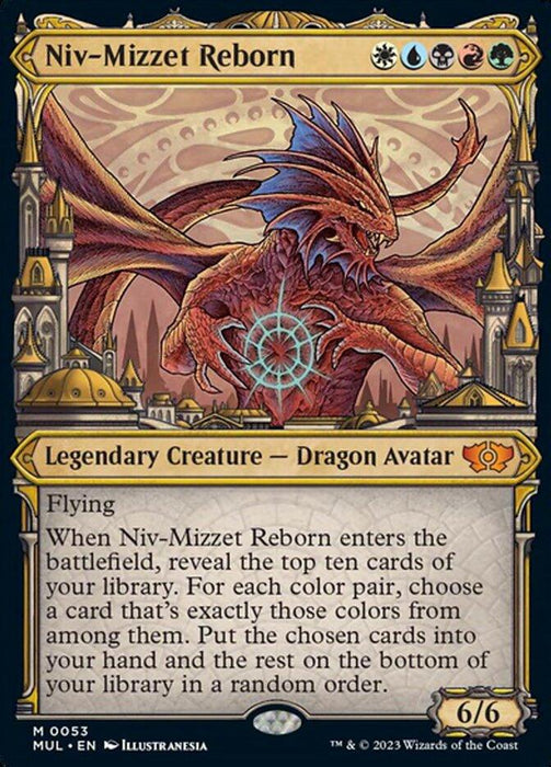 A Magic: The Gathering product featuring Niv-Mizzet Reborn [Multiverse Legends], a Legendary Creature - Dragon Avatar. It has five colored mana symbols (white, blue, black, red, green) at the top and 6/6 power and toughness. The illustration shows a fierce, winged dragon with a detailed ability description below. This card is part of the Multiverse Legends series.