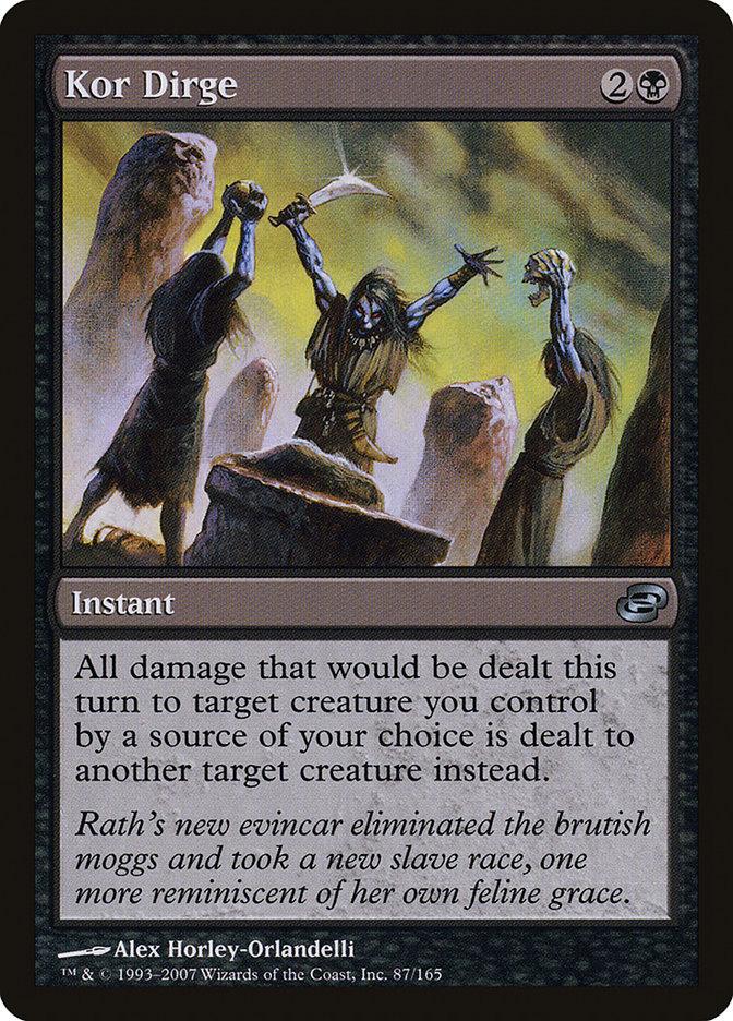 The image is of a "Magic: The Gathering" trading card titled "Kor Dirge [Planar Chaos]." It portrays a dramatic scene featuring a central figure, possibly a shaman, raising a staff amidst rocky pillars. The black card includes details on casting costs, the card type "Instant," and its damage effect described in text.