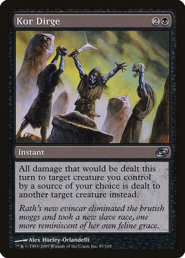 The image is of a "Magic: The Gathering" trading card titled "Kor Dirge [Planar Chaos]." It portrays a dramatic scene featuring a central figure, possibly a shaman, raising a staff amidst rocky pillars. The black card includes details on casting costs, the card type "Instant," and its damage effect described in text.