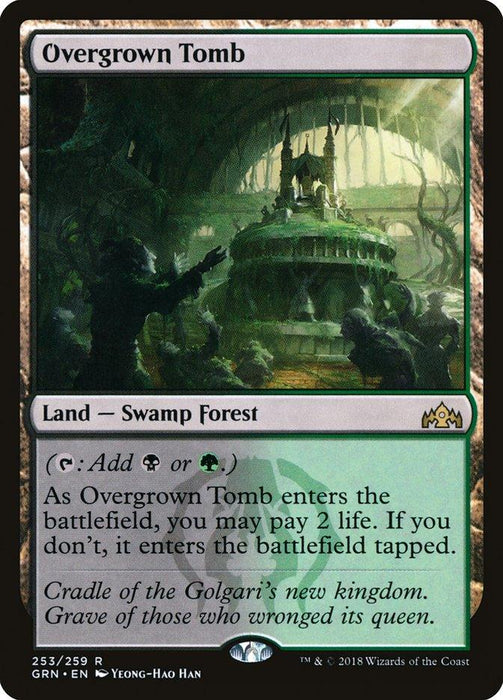 A Magic: The Gathering Overgrown Tomb [Guilds of Ravnica] card. It's a land card of type "Swamp Forest," depicted with thick vines and a decrepit structure in the background. Card text explains options for land entry and mana generation, while the bottom includes haunting flavor text.