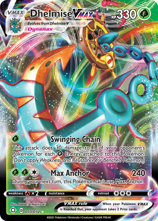 A Pokémon trading card featuring the Ultra Rare Dhelmise VMAX (010/072) [Sword & Shield: Shining Fates] with 330 HP. The card is colorful with a holographic background from the Shining Fates set, showcasing the Grass-type Pokémon's large anchor and seaweed body. Its moves are Swinging Chain and Max Anchor. Text at the bottom includes card details: 010/072.
