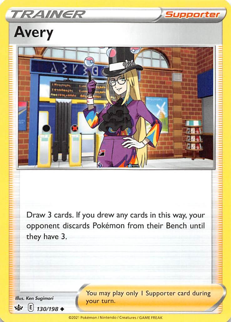 A Pokémon Avery (130/198) [Sword & Shield: Chilling Reign] card from the Chilling Reign series featuring the Trainer 