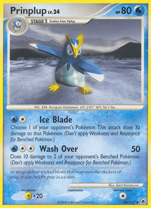A Pokémon Prinplup (44/100) [Diamond & Pearl: Majestic Dawn] trading card for Prinplup. The blue and yellow penguin-like Pokémon stands on an icy surface with an intense expression. From the Majestic Dawn series, the card shows 80 HP and indicates Prinplup evolves from Piplup. Featuring Ice Blade and Wash Over attacks, it includes weaknesses, resistances, and retreat cost.