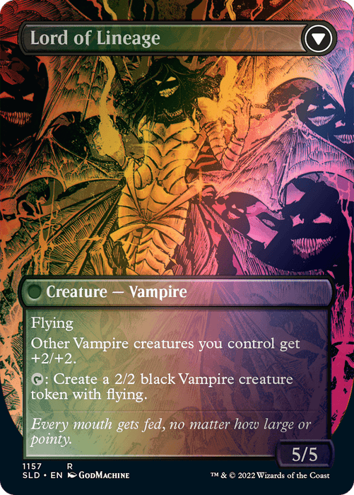 Artwork for the "Bloodline Keeper // Lord of Lineage (Borderless) [Secret Lair: From Cute to Brute]" Magic: The Gathering card features dark, intricate illustrations of a vampire surrounded by bats and skeletal figures in a gothic setting. The card text includes abilities: flying, boosting other Vampire creatures you control, and creating a 2/2 black Vampire creature token.