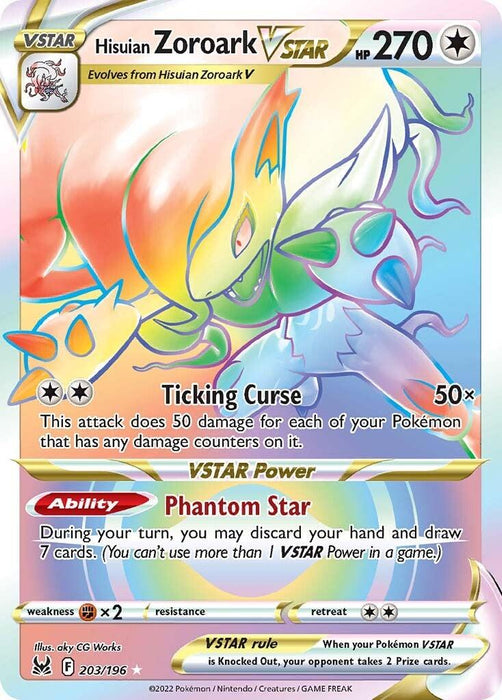 A Pokémon Hisuian Zoroark VSTAR (203/196) [Sword & Shield: Lost Origin] card depicting Hisuian Zoroark VSTAR with a holographic background. It has 270 HP and a Fighting-type symbol. The card features moves "Ticking Curse" and the ability "Phantom Star." The lower section includes details about artist, card number 203/196, and VSTAR power rule from the Sword & Shield: Lost Origin set.