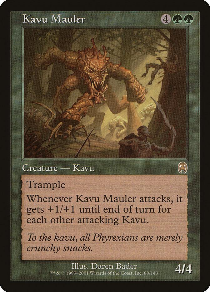 The Magic: The Gathering card titled "Kavu Mauler [Apocalypse]" features artwork of a monstrous, four-armed creature amidst a dense, eerie forest. This rare green creature card costs 4G to cast and has Trample with stats of 4/4. Kavu Mauler gains +1/+1 for each other attacking Kavu until end of turn.