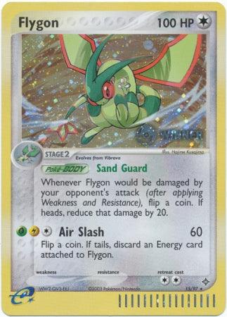 A rare Flygon (15/97) (Winner) [League & Championship Cards] by Pokémon with yellow borders and an illustration of Flygon in the center. The card has 100 HP, featuring the "Sand Guard" and "Air Slash" abilities. The "Air Slash" move inflicts 60 damage. This Stage 2 Colorless card evolves from Vibrava and is labeled 15/97 in the bottom right.