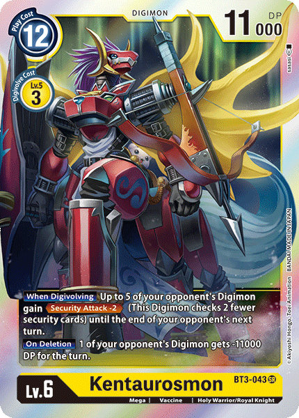 A rectangular Digimon trading card features Kentaurosmon [BT3-043] [Release Special Booster Ver.1.0], a powerful, armored Holy Warrior resembling a centaur and wielding a lance and shield. The Super Rare card has a blue and yellow theme, showcasing a 12-cost level 6 Digimon with 11000 DP. Various abilities and stats are detailed at the bottom and left side.