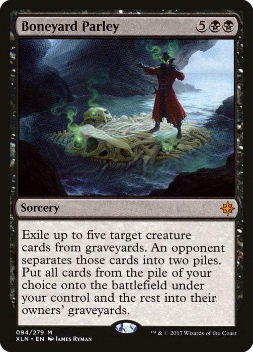 A Magic: The Gathering Boneyard Parley [Ixalan] card. This mythic sorcery spell, costing 5 mana (one black and two black/anything), has a black border and depicts a spellcaster summoning a skeletal figure in a foggy setting. Number 94 out of 279, © 2017 Wizards of the Coast. Art by