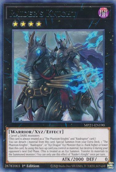 A Yu-Gi-Oh! trading card titled "Raider's Knight [MP21-EN190] Rare" from the 2021 Tin of Ancient Battles. This Xyz/Effect Monster features an armored knight riding a dragon-like creature, both engulfed in blue flames. The knight wields a glowing weapon. With 2000 ATK and 0 DEF, and card number MP21-EN190, it's part of Yu-Gi-Oh!