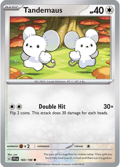 A Pokémon trading card from the Scarlet & Violet Base Set features two small, white, mouse-like creatures named Tandemaus standing side by side in a forest. The Colorless card shows their HP (40) and an attack called "Double Hit," which requires flipping two coins to determine damage. It is numbered 160/198 and includes various game information. The product name is Tandemaus (160/198) [Scarlet & Violet: Base Set], and it is from the Pokémon brand.