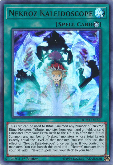 A Yu-Gi-Oh! Ultra Rare Ritual Spell card titled "Nekroz Kaleidoscope [DUPO-EN098] Ultra Rare." The card features a blue and purple holographic design with a character in the center summoning power. Text at the bottom details its effect for ritual summoning Nekroz monsters by sending monsters from hand or Extra Deck to GY. Card code: DUPO-EN098.
