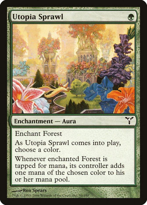 A Magic: The Gathering card named Utopia Sprawl [Dissension]. It features a green-bordered text and stunning artwork depicting an ornate garden with colorful flowers, a fountain, and intricate stone structures. As an enchantment, it allows a forest to produce extra mana.