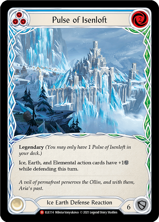 The image is of a trading card from Flesh And Blood titled "Pulse of Isenloft [ELE114] (Tales of Aria) 1st Edition Cold Foil" with beautiful artwork of a majestic, frost-covered castle nestled in snowy mountains. The Cold Foil card details its type, abilities, and restrictions, and features ornate borders with red symbols. It is an Ice Earth Defense Reaction.