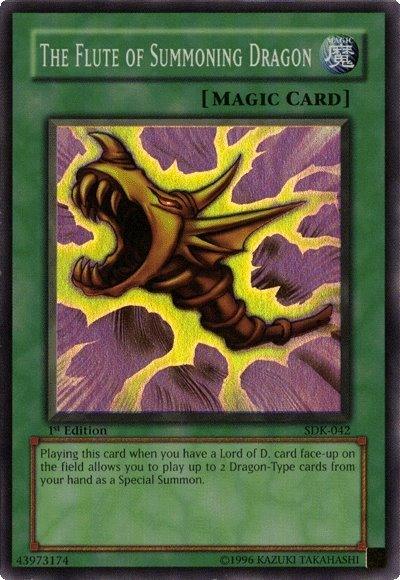 A Yu-Gi-Oh! trading card titled "The Flute of Summoning Dragon [SDK-042] Super Rare" with a Normal Spell designation from the Starter Deck: Kaiba. The card features an image of a dragon-shaped flute emitting energy. Text at the bottom describes its effect, allowing the summoning of up to 2 Dragon-Type cards. Card ID: SDK-042.