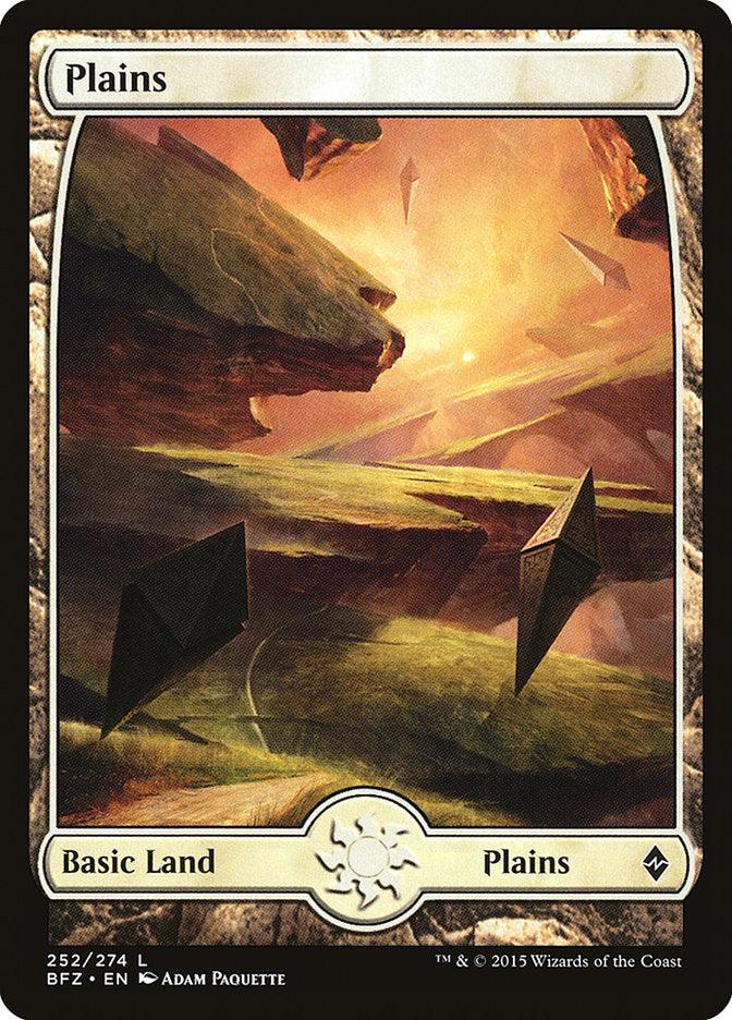 A Magic: The Gathering card titled "Plains (252) [Battle for Zendikar]," from the Battle for Zendikar set. The card art by Adam Paquette depicts a serene landscape with floating, angular rock formations under a bright, glowing sky streaked with orange and yellow light. The black-bordered card indicates it's a "Basic Land - Plains.