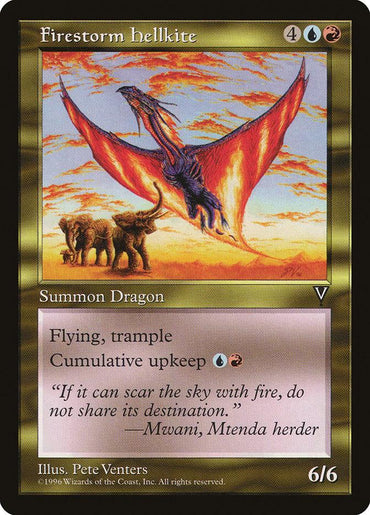 A Magic: The Gathering card titled "Firestorm Hellkite [Visions]" features a red and blue Creature Dragon with wings spread wide, flying above two elephants in a fiery sky. The card has 4 generic, 1 red, and 1 blue mana cost and is a 6/6 creature with flying, trample, and cumulative upkeep abilities.