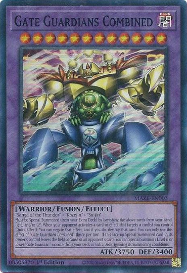 An image of a Gate Guardians Combined [MAZE-EN003] Super Rare Yu-Gi-Oh! trading card. It features a large mechanical warrior composed of three distinct elements: electric, fire, and water. This Fusion/Effect Monster has 3750 ATK and 3400 DEF. Card text and stats are visible at the bottom.