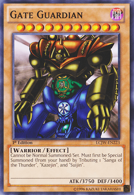 A Gate Guardian [LCJW-EN223] Common Yu-Gi-Oh! trading card from Legendary Collection 4. This Effect Monster depicts a menacing, armored warrior with a dark, metallic appearance. Text includes 