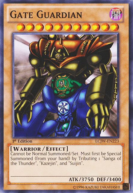 A Gate Guardian [LCJW-EN223] Common Yu-Gi-Oh! trading card from Legendary Collection 4. This Effect Monster depicts a menacing, armored warrior with a dark, metallic appearance. Text includes "Cannot be Normal Summoned/Set. Must first be Special Summoned (from your hand) by Tributing 'Sanga of the Thunder,' 'Kazejin,' and 'Suijin.'