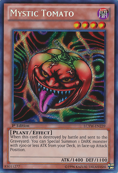 A "Yu-Gi-Oh!" trading card titled Mystic Tomato [LCYW-EN239] Secret Rare. The card features a sinister-looking tomato with green leaves, a menacing face, and a purple-magenta background with abstract designs. This Legendary Collection 3 Effect Monster boasts 1400 ATK and 1100 DEF. Below is text detailing its plant/effect abilities.