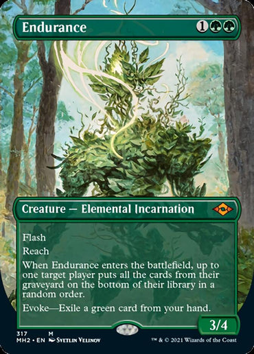 Endurance (Borderless Alternate Art) from Magic: The Gathering's Modern Horizons 2 set costs one generic mana and two green mana to cast. This Creature Elemental Incarnation has 3 power and 4 toughness, featuring flash and reach. It can shuffle cards from a graveyard into the library and can be evoked by exiling a green card from your hand. The card artwork by Svetlin Velinov depicts