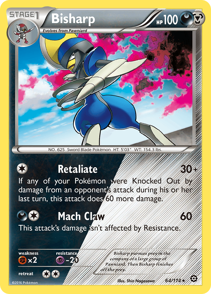 The Bisharp (64/114) [XY: Steam Siege] Pokémon Holo Rare card displays a humanoid figure with a sharp, metallic look, characterized by its blue body and red torso, along with bladed arms. The card highlights the attacks 