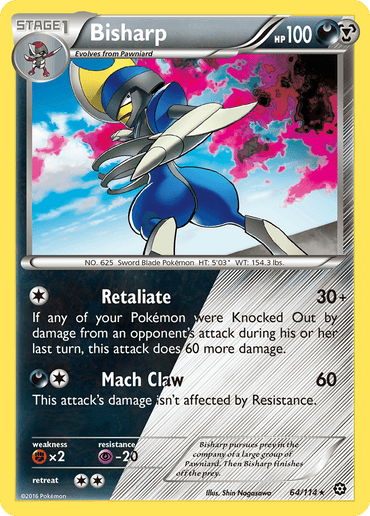 The Bisharp (64/114) [XY: Steam Siege] Pokémon Holo Rare card displays a humanoid figure with a sharp, metallic look, characterized by its blue body and red torso, along with bladed arms. The card highlights the attacks "Retaliate" and "Mach Claw," and includes stats such as 100 HP, a weakness to Fire-type moves, resistance to Psychic-type moves, and a Darkness aura.