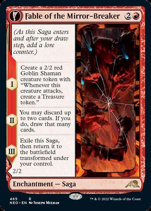 The image displays a Magic: The Gathering card titled "Fable of the Mirror-Breaker // Reflection of Kiki-Jiki (Extended Art) [Kamigawa: Neon Dynasty]" from the Kamigawa: Neon Dynasty set. This rare Enchantment Saga has a red border and three chapters: the first creates a 2/2 red Goblin Shaman token; the second allows discarding and drawing two cards; the third exiles and returns itself.