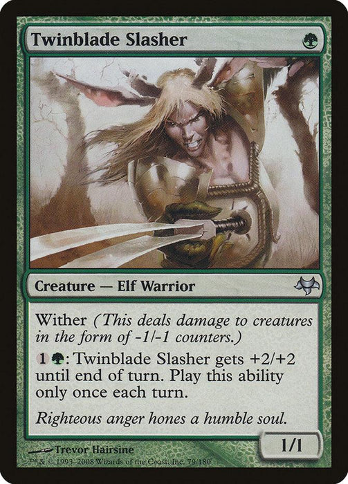 The image showcases a Magic: The Gathering card named "Twinblade Slasher [Eventide]." It features an Elf Warrior wielding dual blades, with long blond hair, in a dynamic, aggressive pose. The green card has power/toughness of 1/1 and the Wither ability. Text below reads "Righteous anger hones a humble soul.